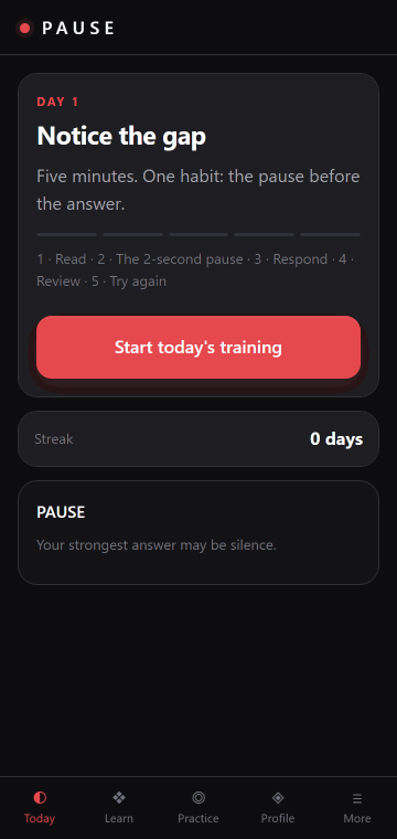 A full session: the pause trainer, a hard sentence, the answer, the score with the real measurements, the profile